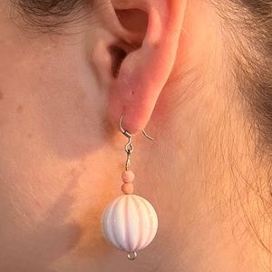 Handmade Large Pink Striped Bead Drop Earrings Retro 1 inch in Diameter Hook